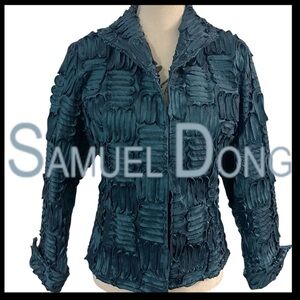 Samuel Dong Teal Textured Sateen Zip Up French Cuff Jacket (M/L)